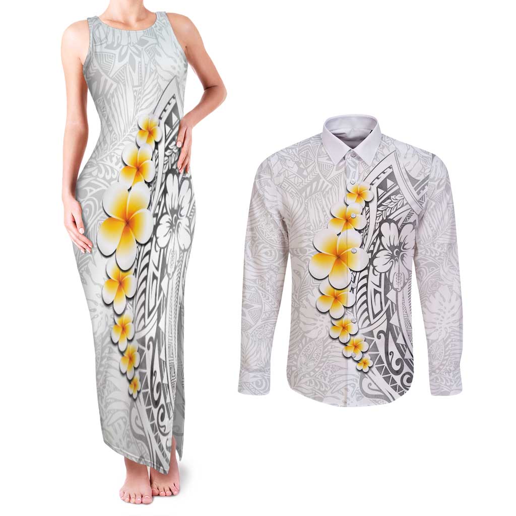 White Tropical Plumeria With Galaxy Polynesian Art Couples Matching Tank Maxi Dress and Long Sleeve Button Shirt