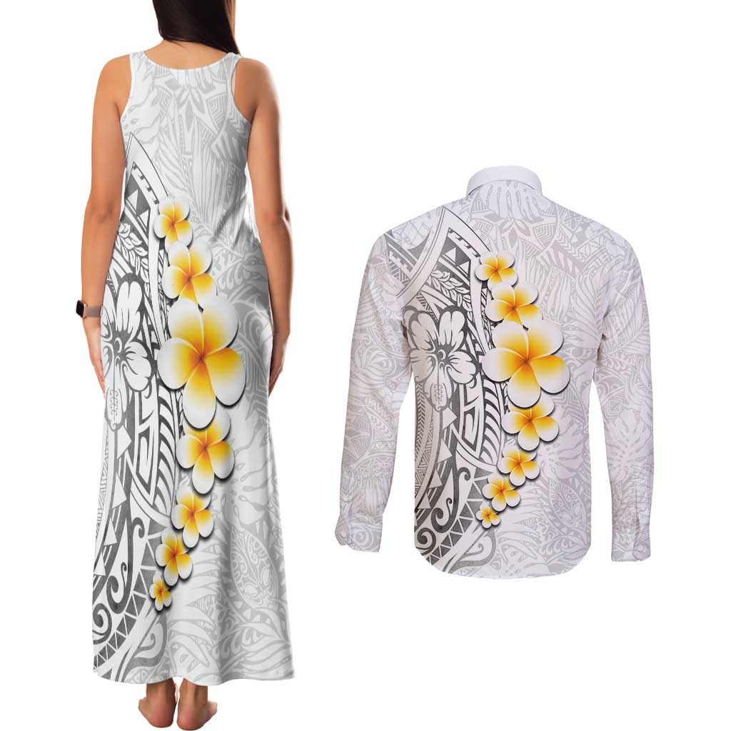 White Tropical Plumeria With Galaxy Polynesian Art Couples Matching Tank Maxi Dress and Long Sleeve Button Shirt