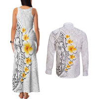 White Tropical Plumeria With Galaxy Polynesian Art Couples Matching Tank Maxi Dress and Long Sleeve Button Shirt