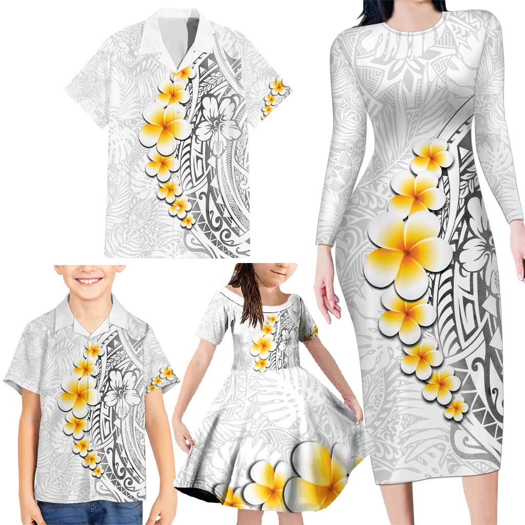 White Tropical Plumeria With Galaxy Polynesian Art Family Matching Long Sleeve Bodycon Dress and Hawaiian Shirt LT14 - Polynesian Pride