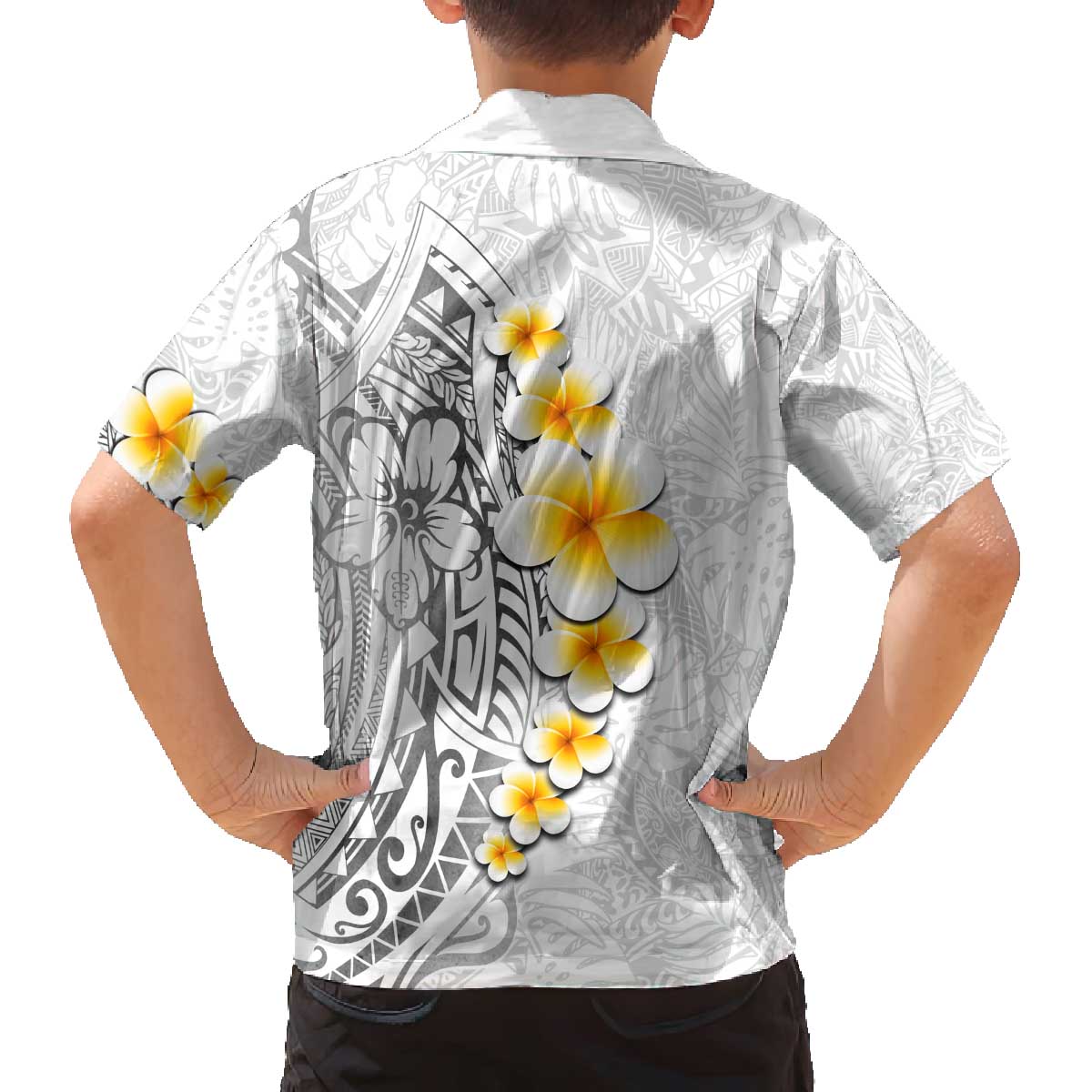 White Tropical Plumeria With Galaxy Polynesian Art Family Matching Off The Shoulder Long Sleeve Dress and Hawaiian Shirt LT14 - Polynesian Pride
