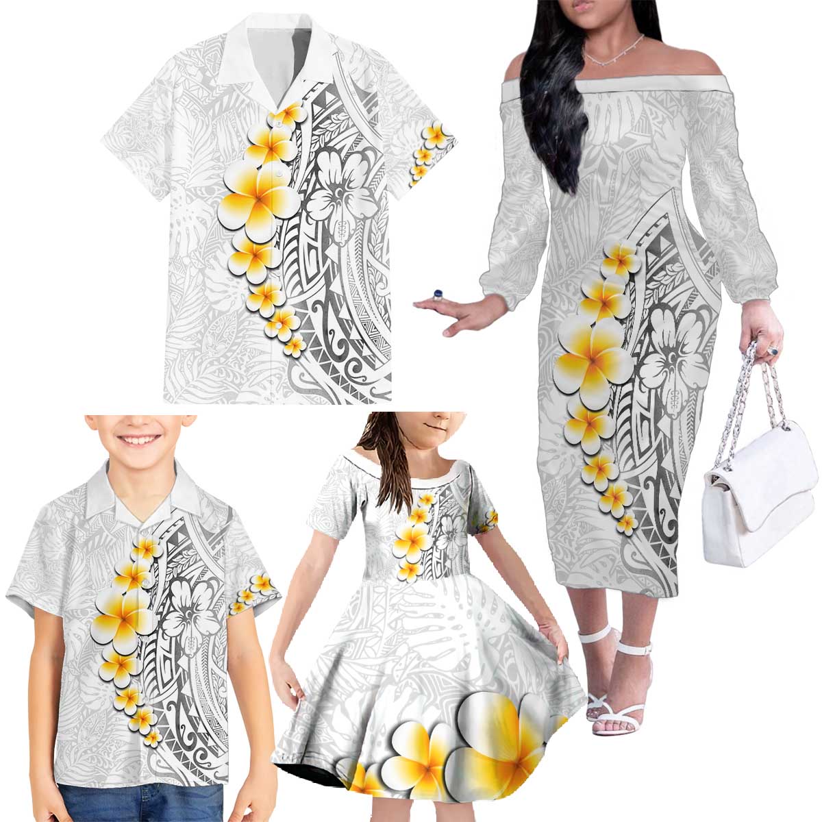 White Tropical Plumeria With Galaxy Polynesian Art Family Matching Off The Shoulder Long Sleeve Dress and Hawaiian Shirt LT14 - Polynesian Pride