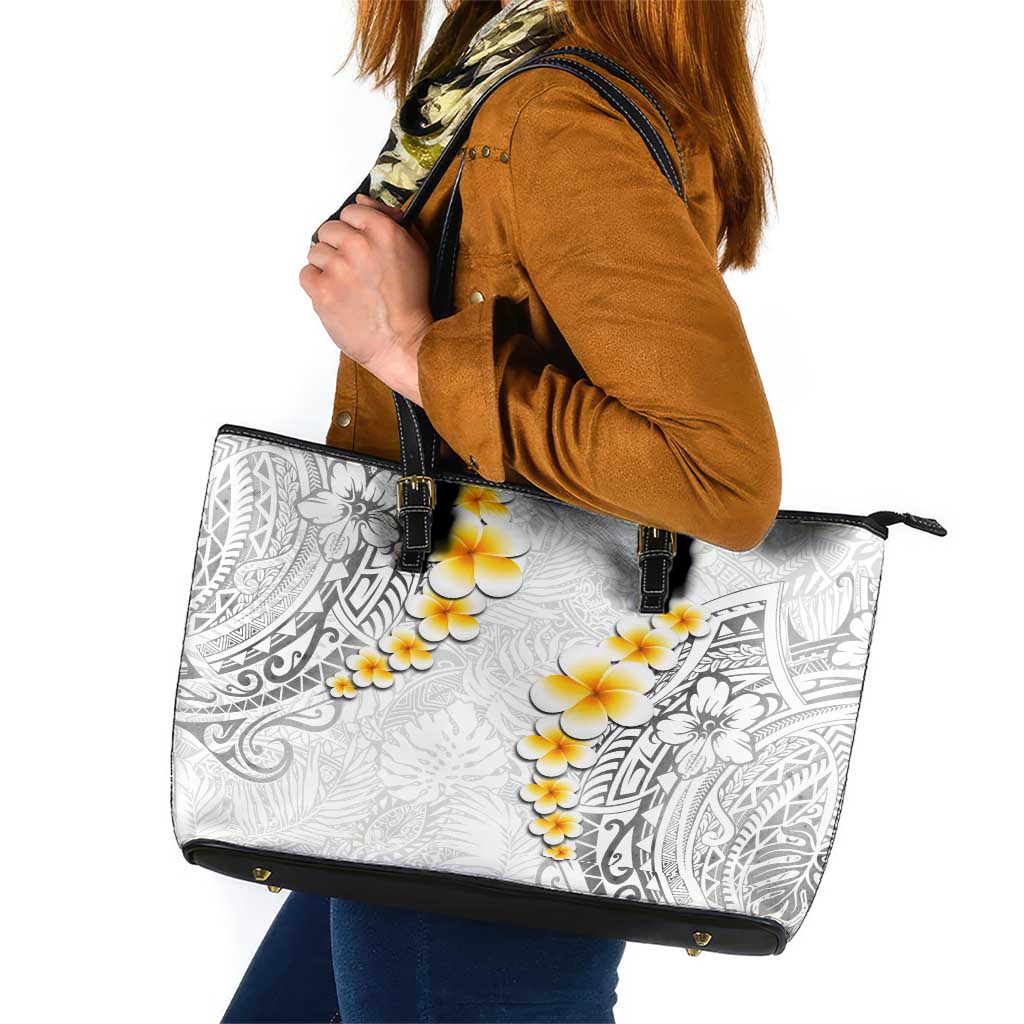 White Tropical Plumeria With Galaxy Polynesian Art Leather Tote Bag LT14 White - Polynesian Pride