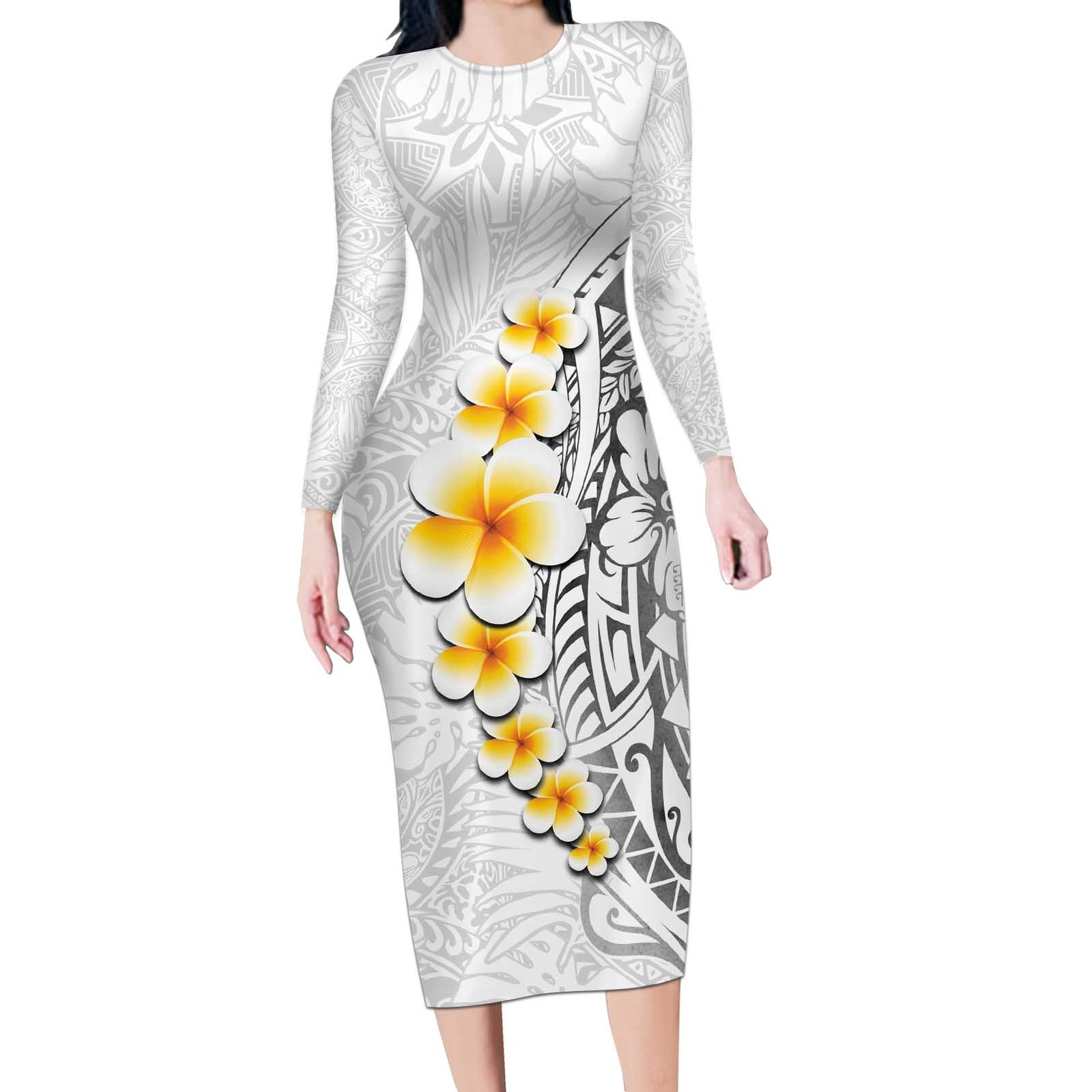 White Tropical Plumeria With Galaxy Polynesian Art Long Sleeve Bodycon Dress LT14 Long Dress White - Polynesian Pride