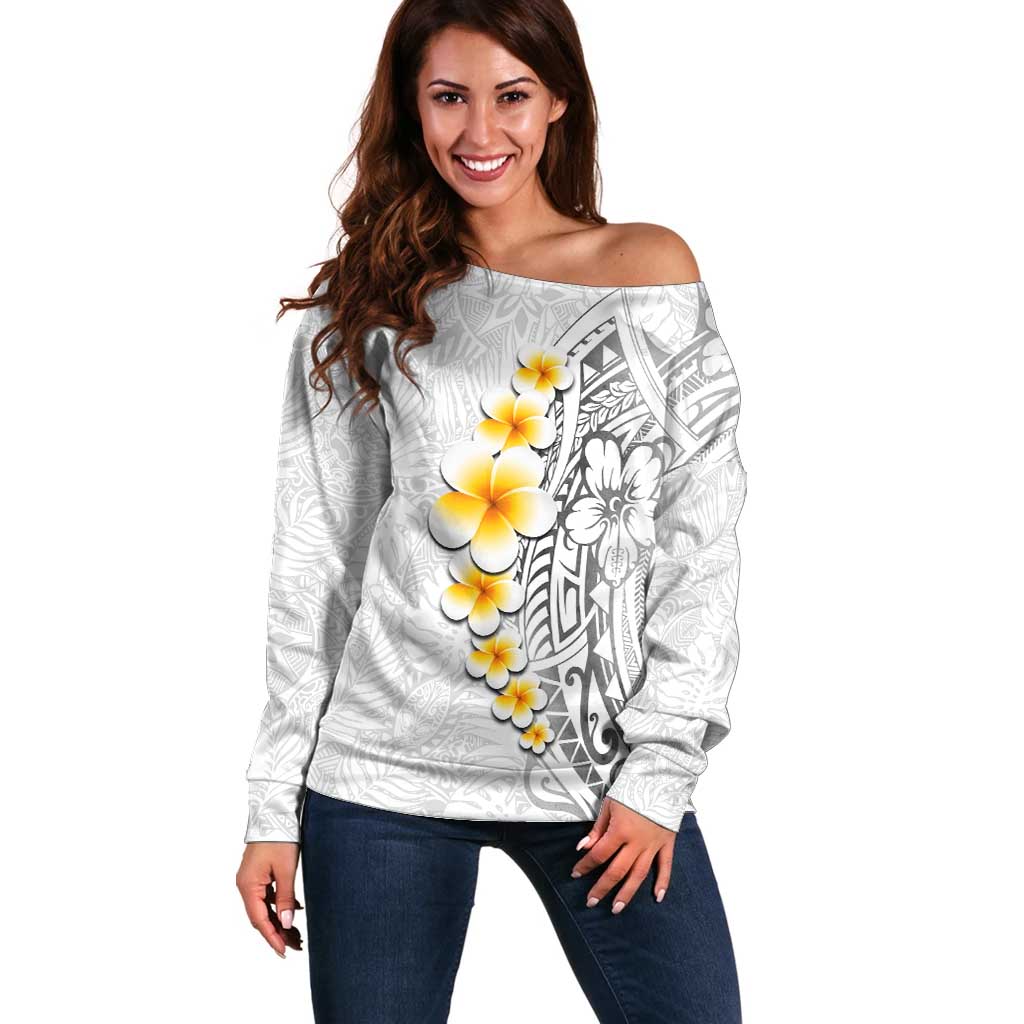 White Tropical Plumeria With Galaxy Polynesian Art Off Shoulder Sweater LT14 Women White - Polynesian Pride