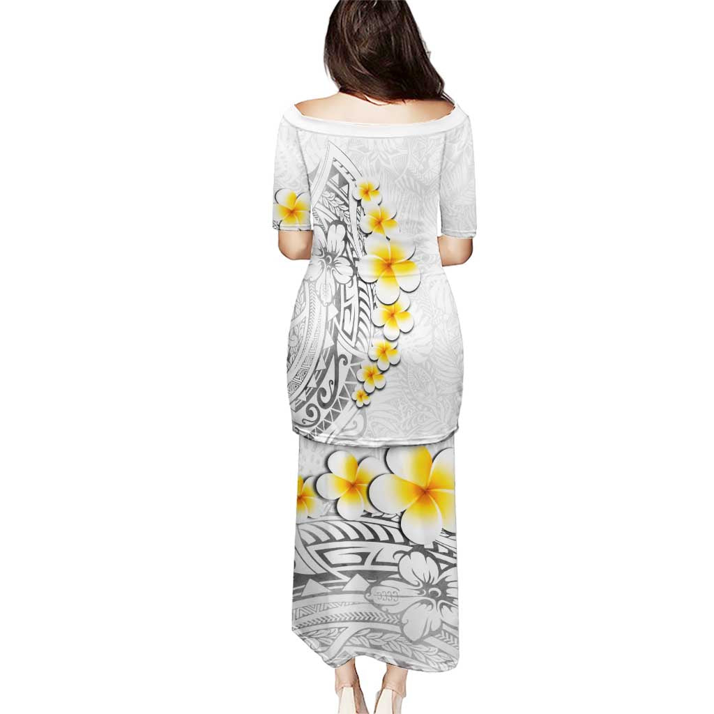 White Tropical Plumeria With Galaxy Polynesian Art Puletasi