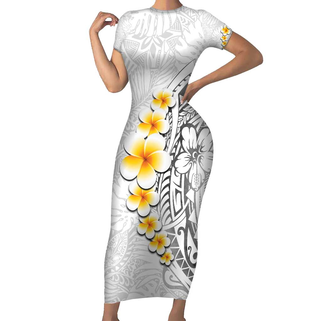 White Tropical Plumeria With Galaxy Polynesian Art Short Sleeve Bodycon Dress LT14 Long Dress White - Polynesian Pride