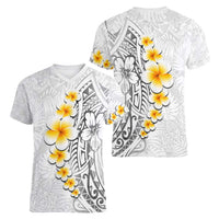 White Tropical Plumeria With Galaxy Polynesian Art Women V-Neck T-Shirt