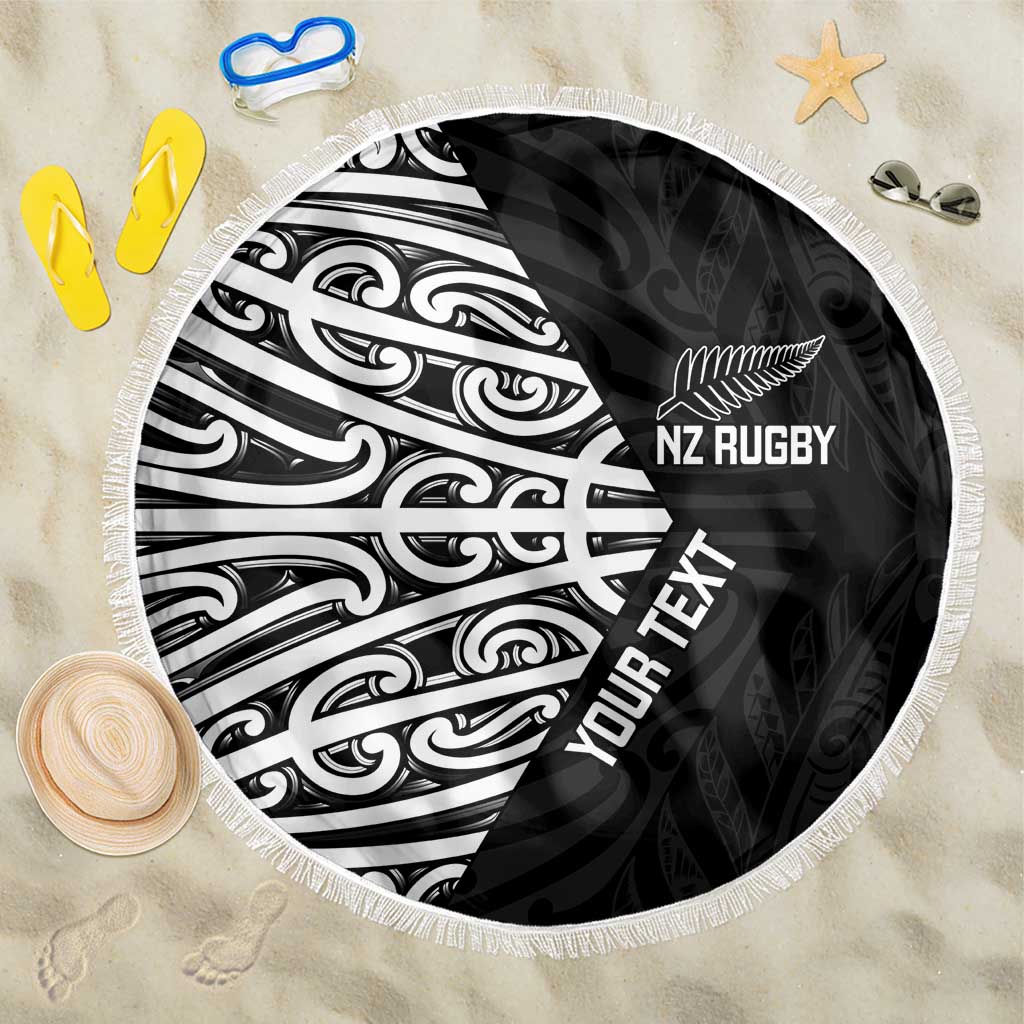 New Zealand Silver Fern Rugby Custom Beach Blanket Maori Koru Go Black Fern - Polynesian Pride