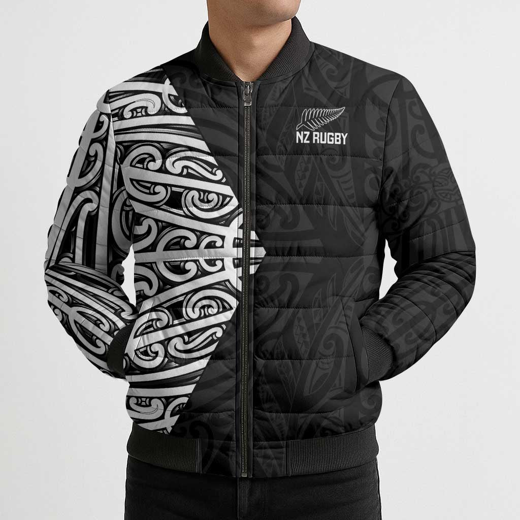 New Zealand Silver Fern Rugby Custom Bomber Puffer Jacket Maori Koru Go Black Fern - Polynesian Pride