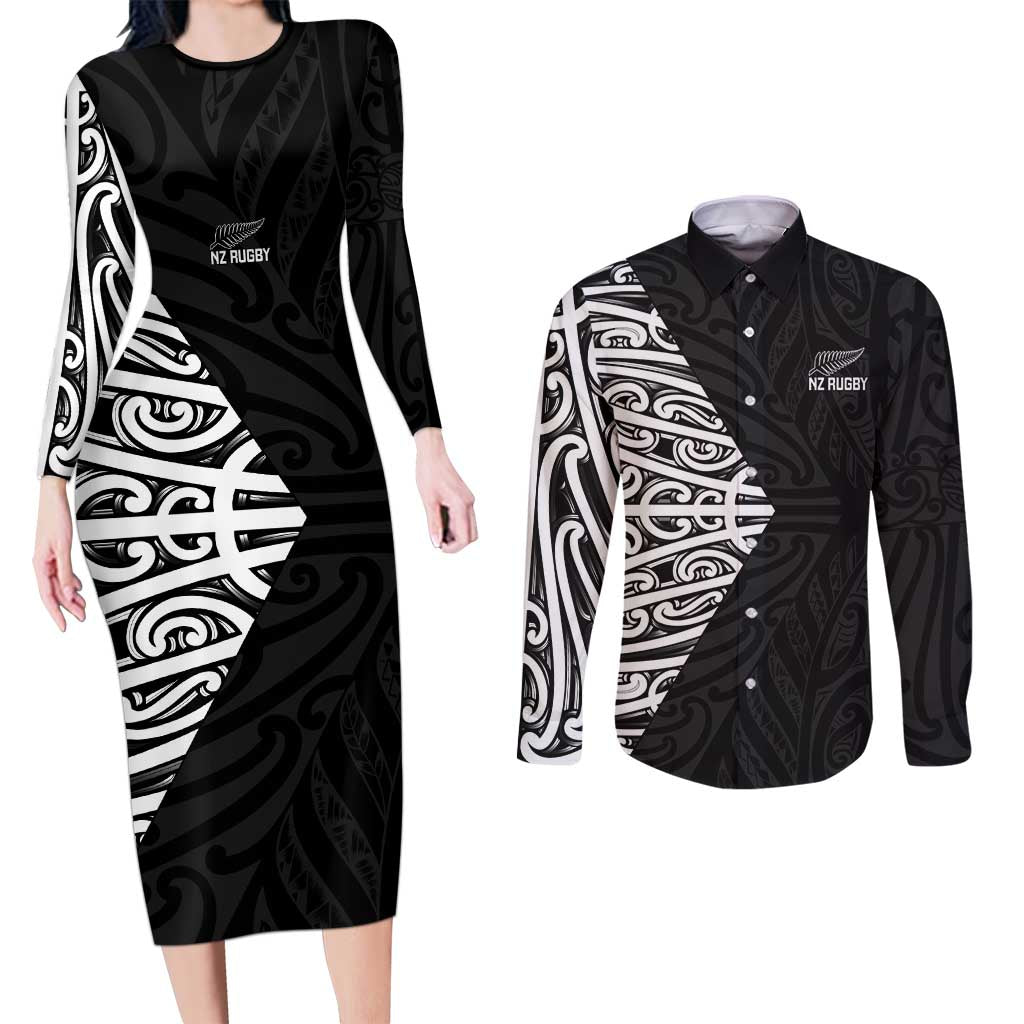 New Zealand Silver Fern Rugby Custom Couples Matching Long Sleeve Bodycon Dress and Long Sleeve Button Shirt Maori Koru Go Black Fern - Polynesian Pride