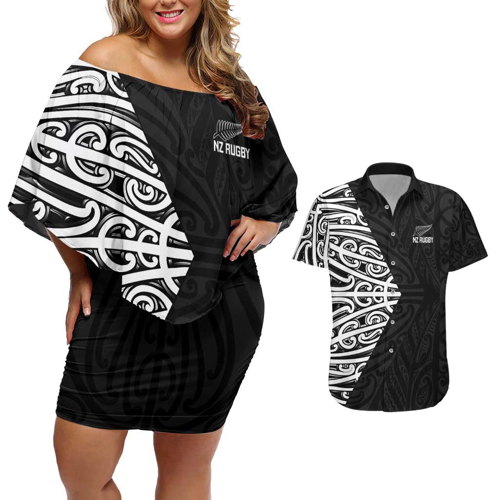 New Zealand Silver Fern Rugby Custom Couples Matching Off Shoulder Short Dress and Hawaiian Shirt Maori Koru Go Black Fern - Polynesian Pride