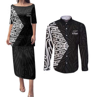 New Zealand Silver Fern Rugby Custom Couples Matching Puletasi and Long Sleeve Button Shirt Maori Koru Go Black Fern - Polynesian Pride