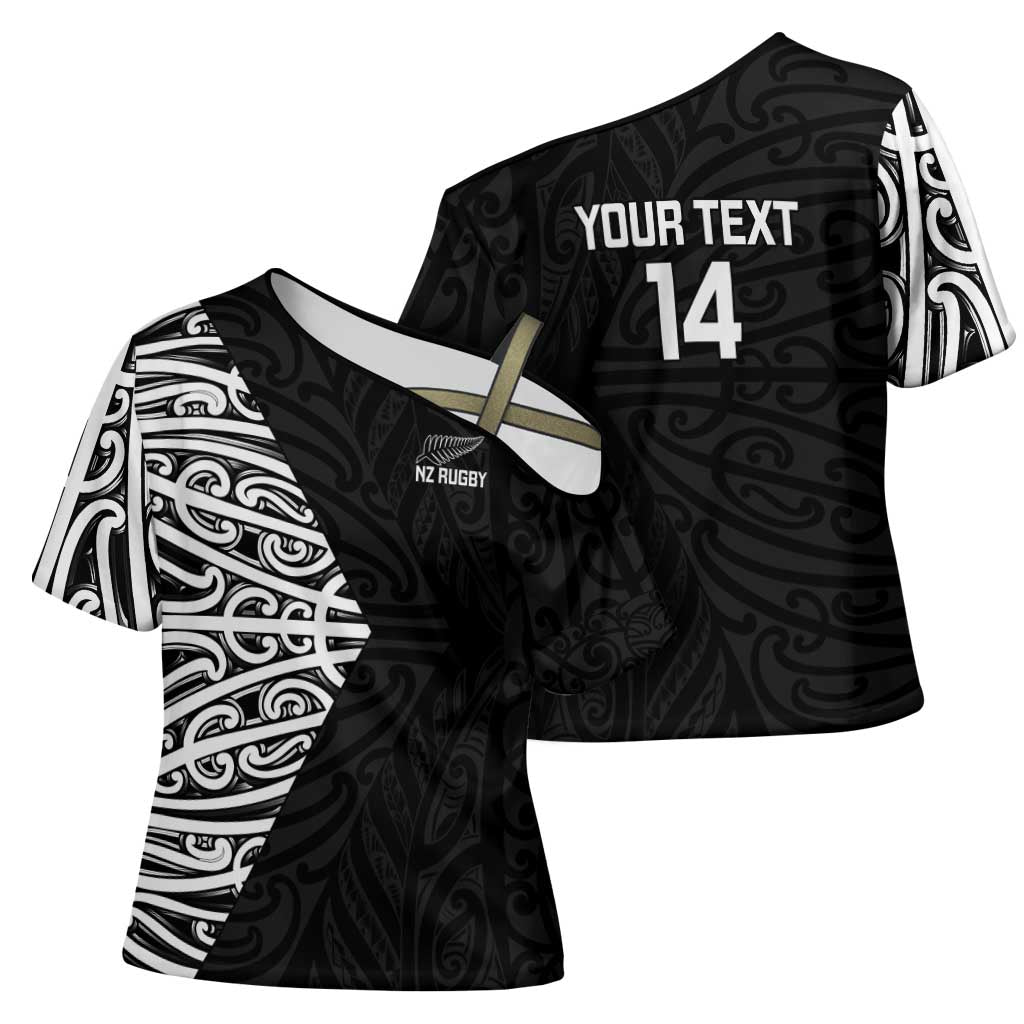 New Zealand Silver Fern Rugby Custom Cross Shoulder Shirt Maori Koru Go Black Fern - Polynesian Pride