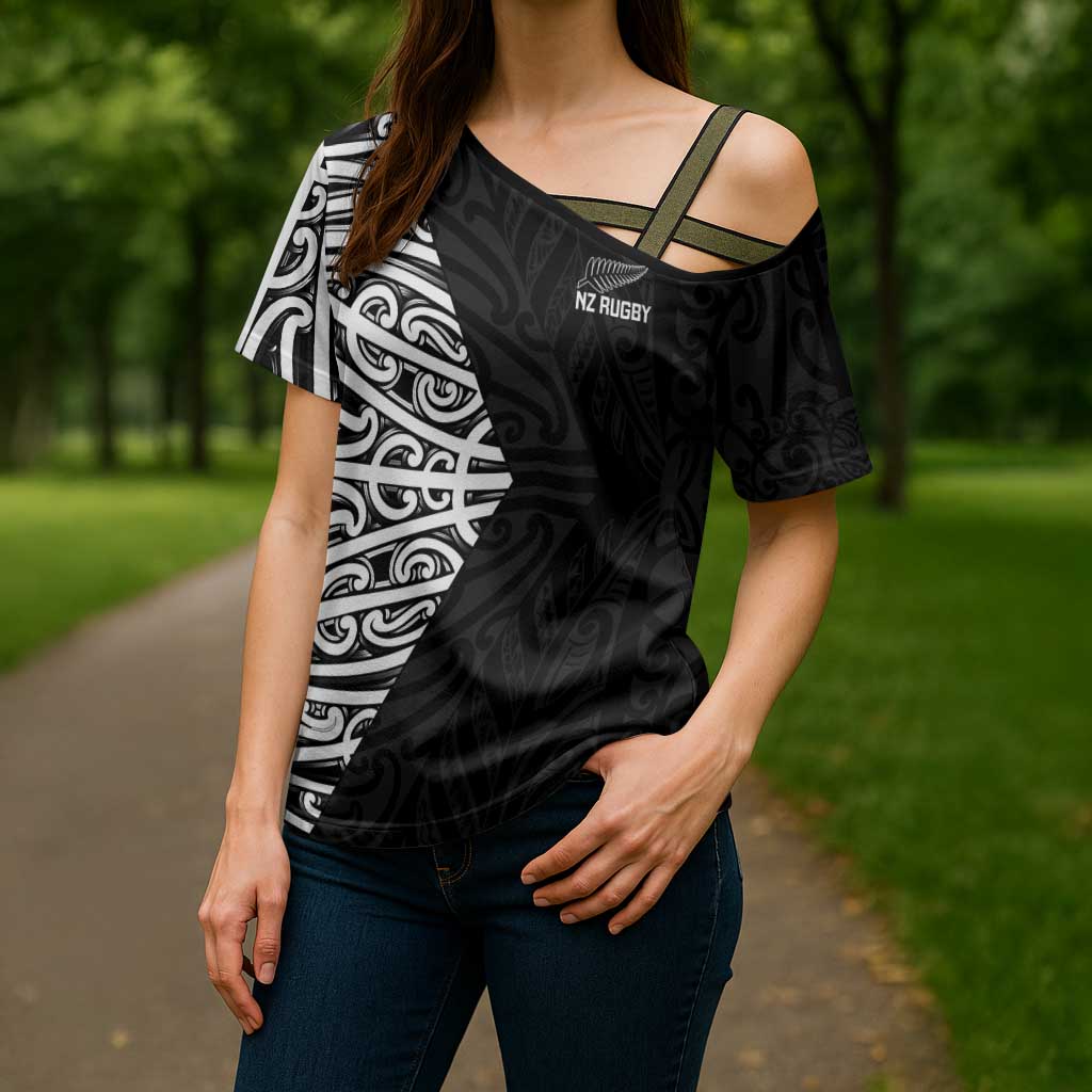 New Zealand Silver Fern Rugby Custom Cross Shoulder Shirt Maori Koru Go Black Fern - Polynesian Pride
