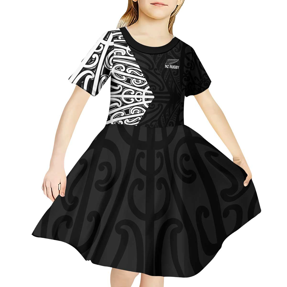 New Zealand Silver Fern Rugby Custom Kid Short Sleeve Dress Maori Koru Go Black Fern - Polynesian Pride