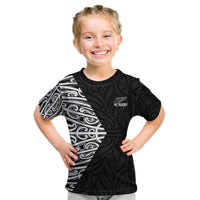 New Zealand Silver Fern Rugby Custom Kid T Shirt Maori Koru Go Black Fern - Polynesian Pride