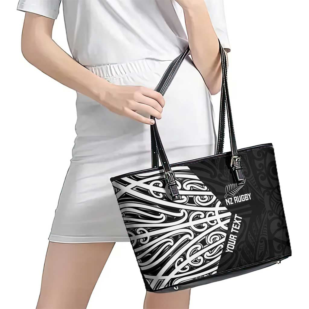 New Zealand Silver Fern Rugby Custom Leather Tote Bag Maori Koru Go Black Fern - Polynesian Pride