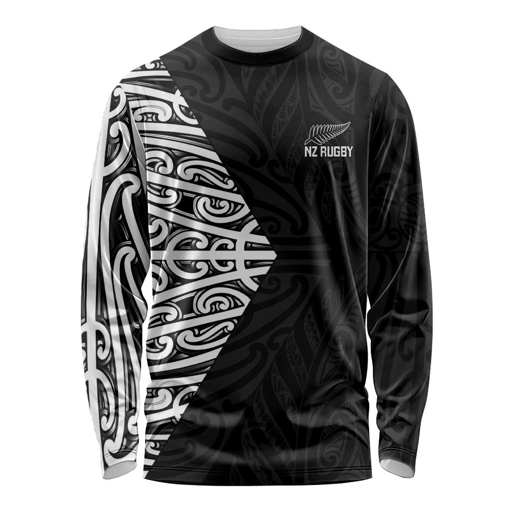 New Zealand Silver Fern Rugby Custom Long Sleeve Shirt Maori Koru Go Black Fern - Polynesian Pride