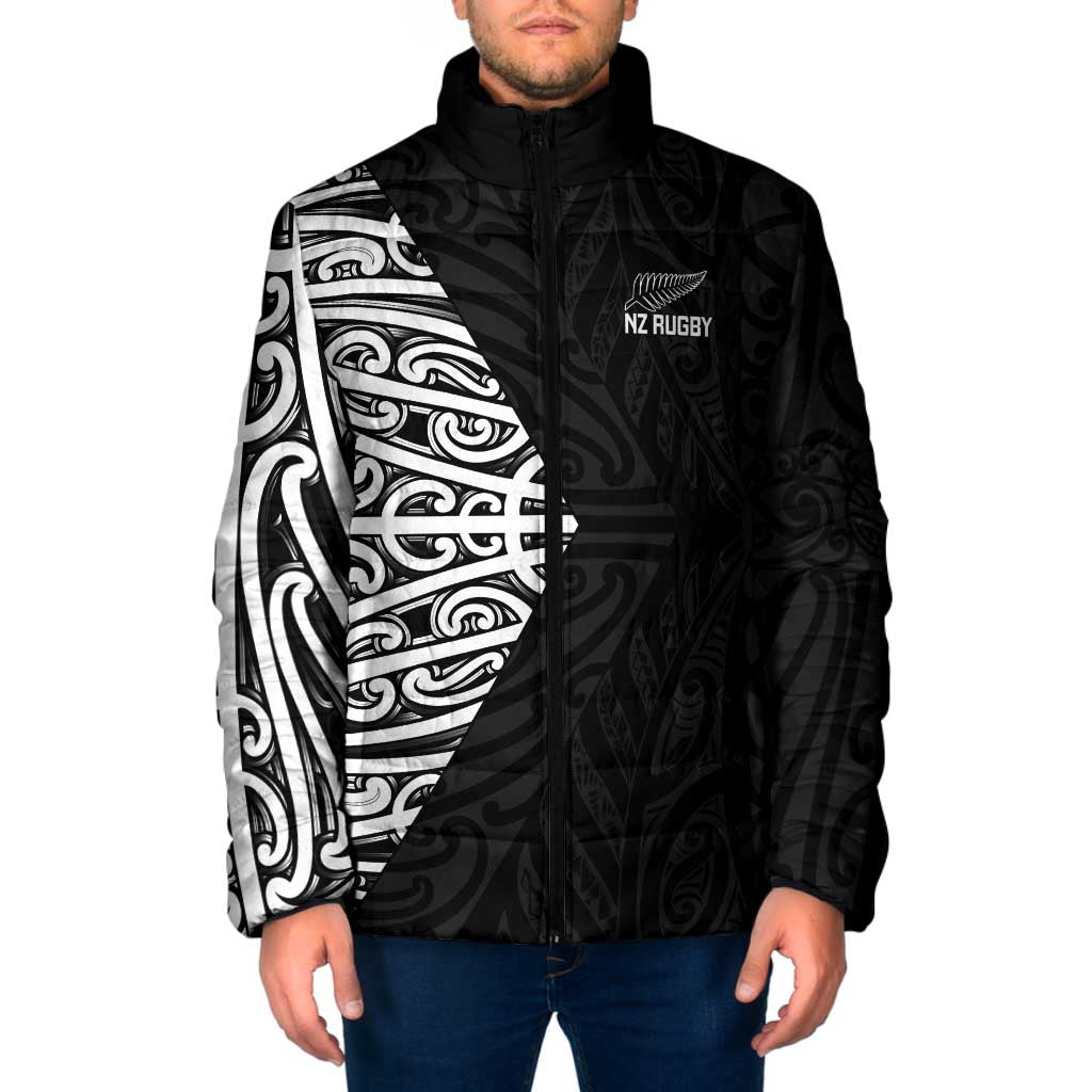 New Zealand Silver Fern Rugby Custom Padded Jacket Maori Koru Go Black Fern - Polynesian Pride