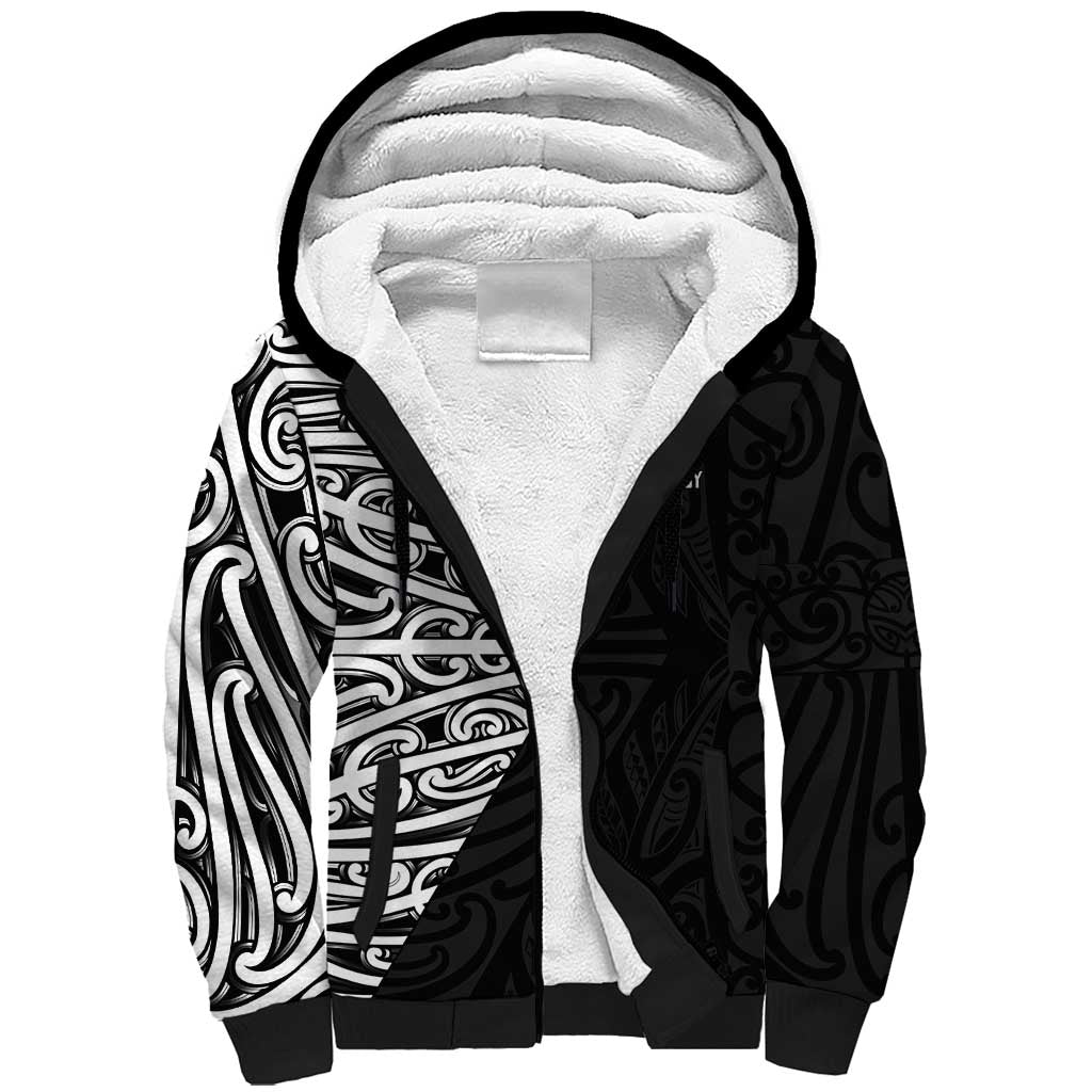 New Zealand Silver Fern Rugby Custom Sherpa Hoodie Maori Koru Go Black Fern - Polynesian Pride
