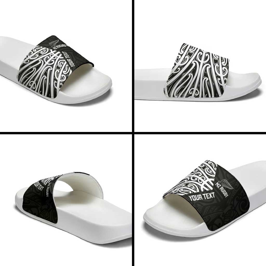 New Zealand Silver Fern Rugby Custom Slide Sandals Maori Koru Go Black Fern - Polynesian Pride