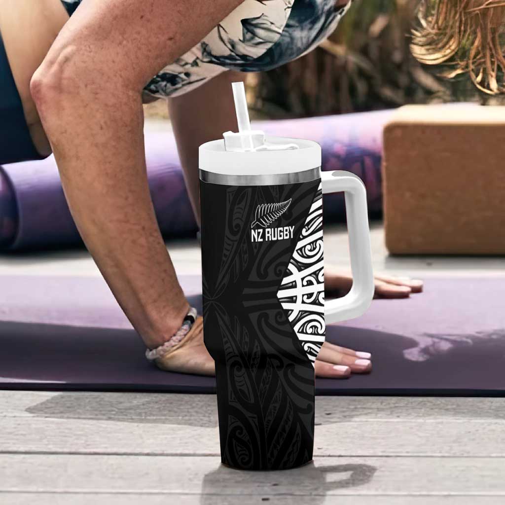 New Zealand Silver Fern Rugby Custom Tumbler With Handle Maori Koru Go Black Fern - Polynesian Pride