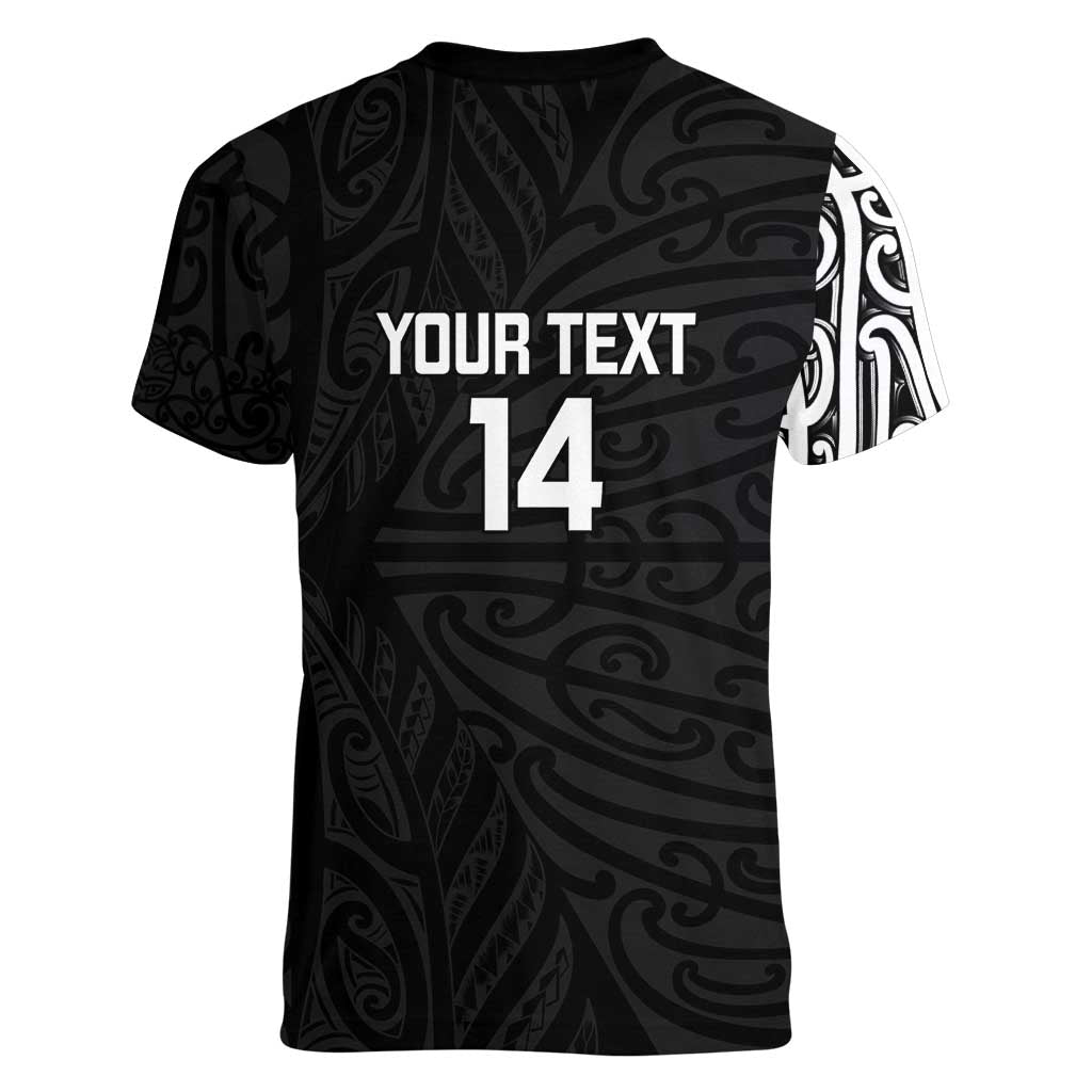 New Zealand Silver Fern Rugby Custom Women V-Neck T-Shirt Maori Koru Go Black Fern - Polynesian Pride