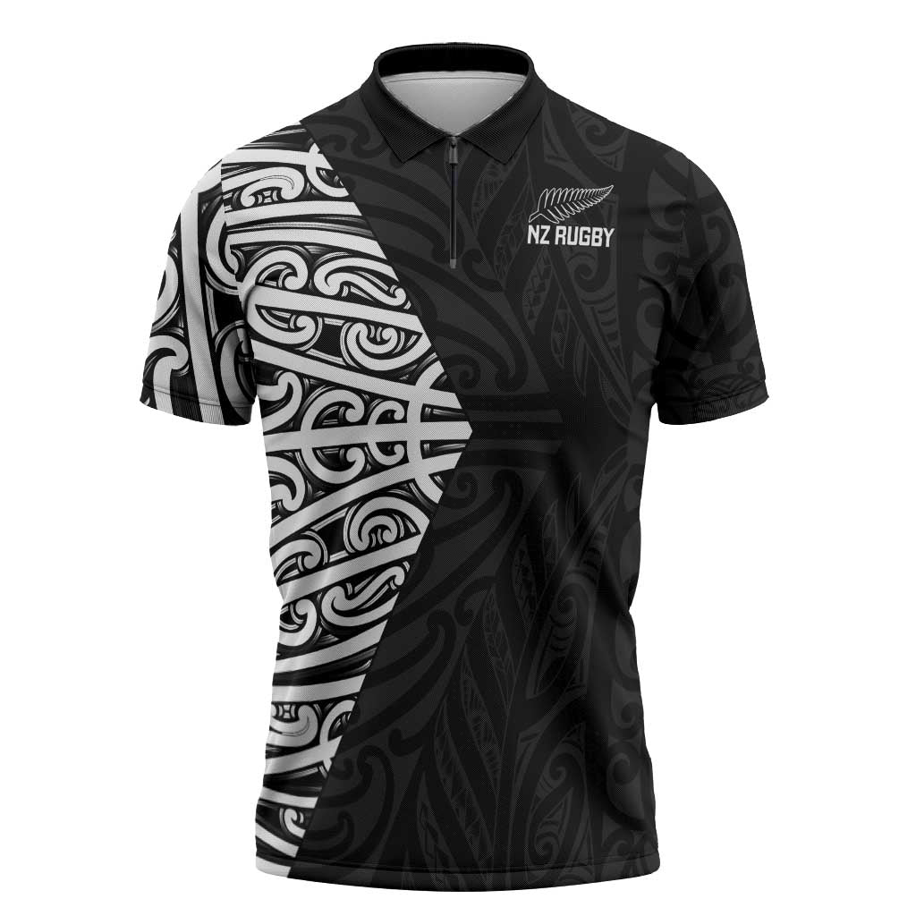 New Zealand Silver Fern Rugby Custom Zipper Polo Shirt Maori Koru Go Black Fern - Polynesian Pride
