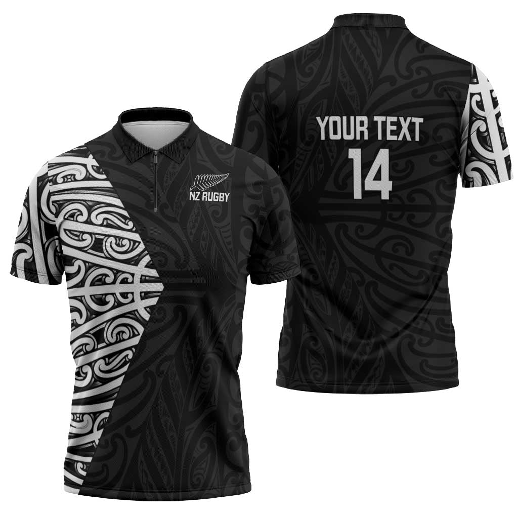 New Zealand Silver Fern Rugby Custom Zipper Polo Shirt Maori Koru Go Black Fern - Polynesian Pride
