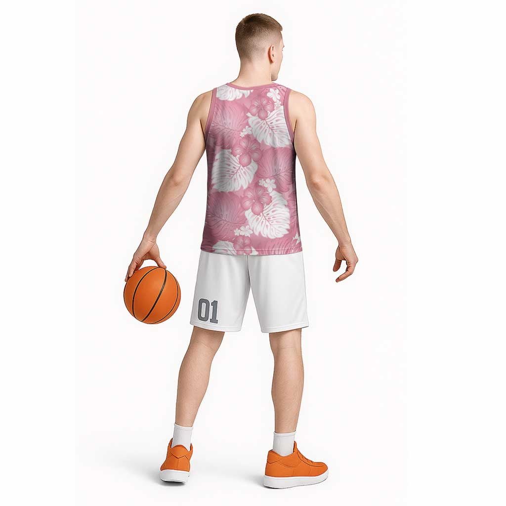Pink Aloha Hawaii Basketball Jersey Monstera Hibiscus Plumeria Seamless Vibes - Polynesian Pride