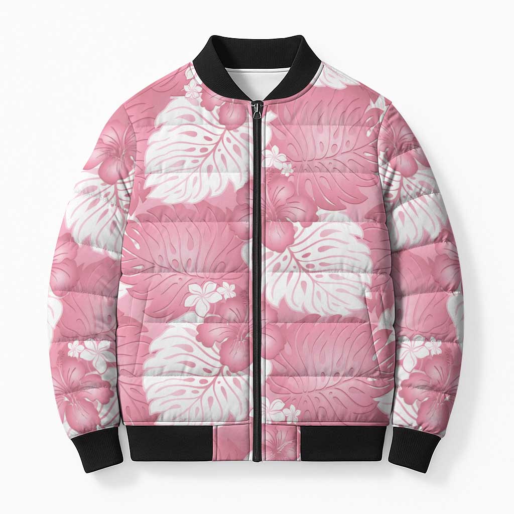 Pink Aloha Hawaii Bomber Puffer Jacket Monstera Hibiscus Plumeria Seamless Vibes LT14 Unisex Pink - Polynesian Pride