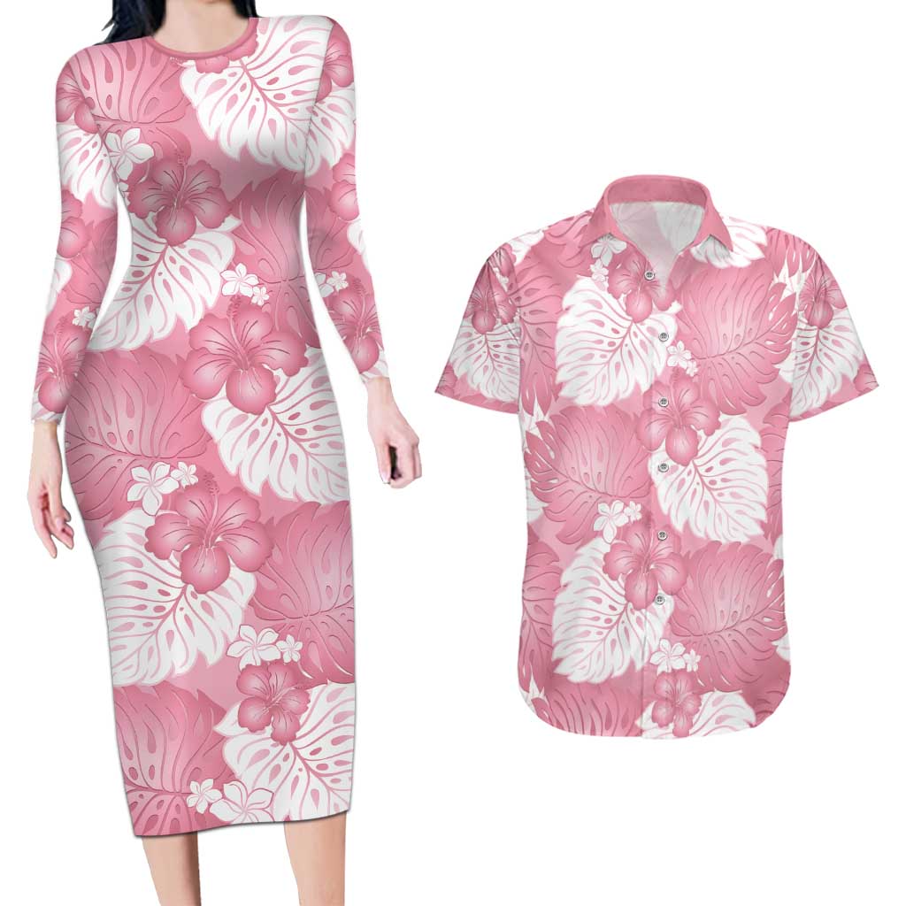 Pink Aloha Hawaii Couples Matching Long Sleeve Bodycon Dress and Hawaiian Shirt Monstera Hibiscus Plumeria Seamless Vibes - Polynesian Pride