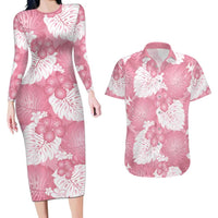 Pink Aloha Hawaii Couples Matching Long Sleeve Bodycon Dress and Hawaiian Shirt Monstera Hibiscus Plumeria Seamless Vibes LT14 Pink - Polynesian Pride