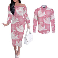 Pink Aloha Hawaii Couples Matching Off The Shoulder Long Sleeve Dress and Long Sleeve Button Shirt Monstera Hibiscus Plumeria Seamless Vibes LT14 Pink - Polynesian Pride