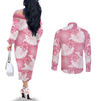 Pink Aloha Hawaii Couples Matching Off The Shoulder Long Sleeve Dress and Long Sleeve Button Shirt Monstera Hibiscus Plumeria Seamless Vibes LT14 - Polynesian Pride