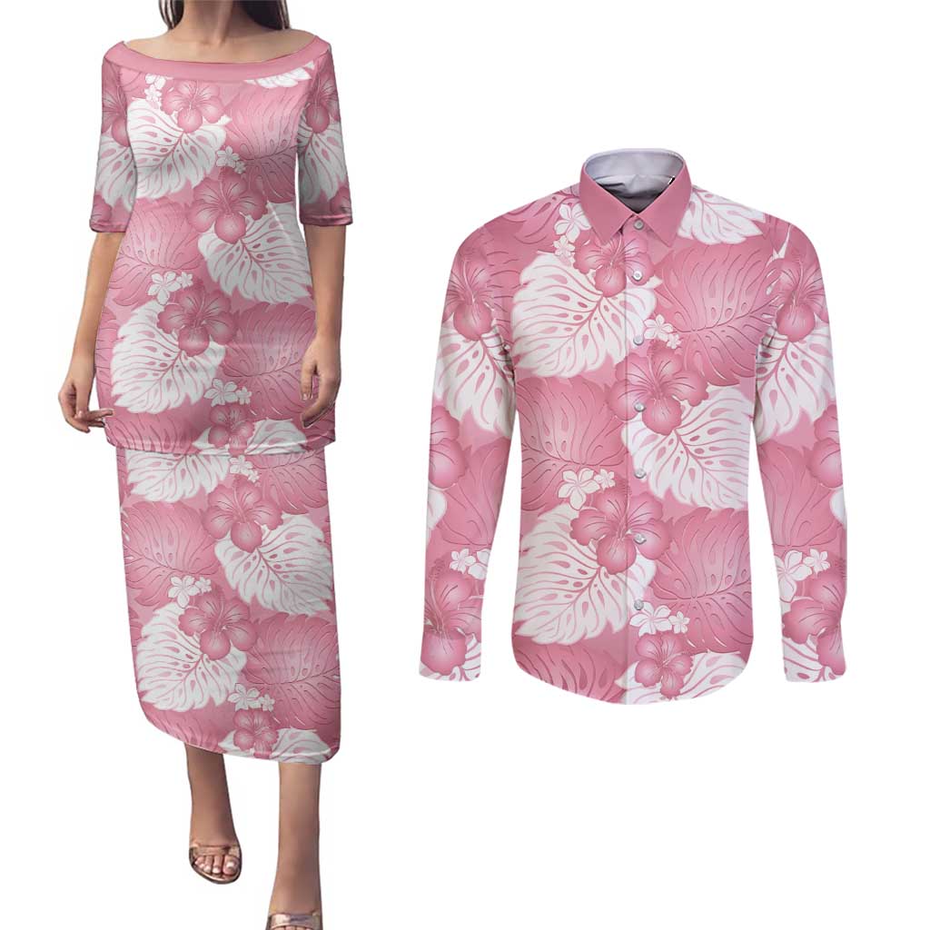 Pink Aloha Hawaii Couples Matching Puletasi and Long Sleeve Button Shirt Monstera Hibiscus Plumeria Seamless Vibes LT14 Pink - Polynesian Pride