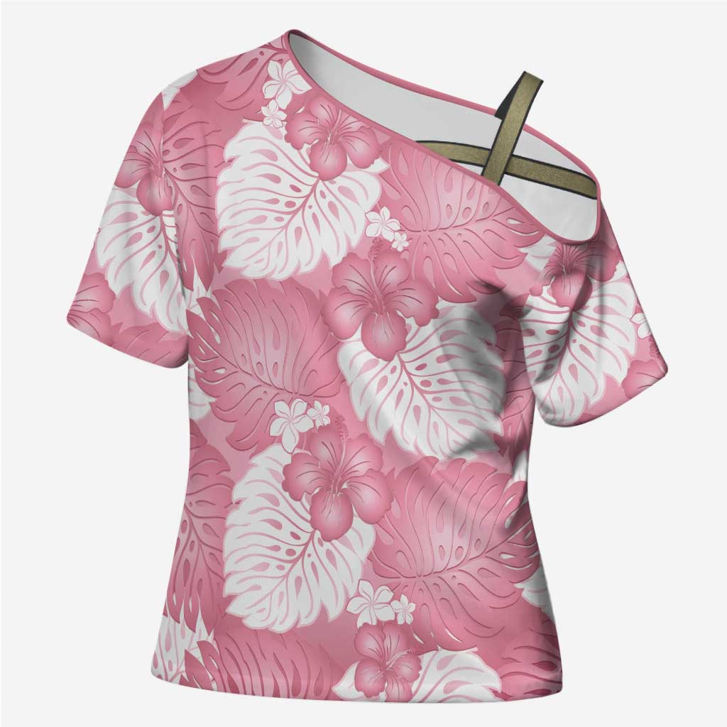 Pink Aloha Hawaii Cross Shoulder Shirt Monstera Hibiscus Plumeria Seamless Vibes LT14 Female Pink - Polynesian Pride