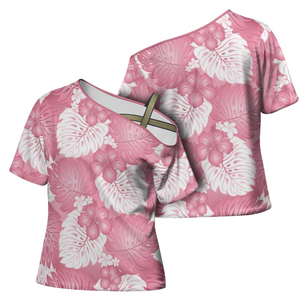 Pink Aloha Hawaii Cross Shoulder Shirt Monstera Hibiscus Plumeria Seamless Vibes - Polynesian Pride