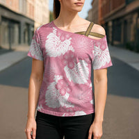 Pink Aloha Hawaii Cross Shoulder Shirt Monstera Hibiscus Plumeria Seamless Vibes - Polynesian Pride