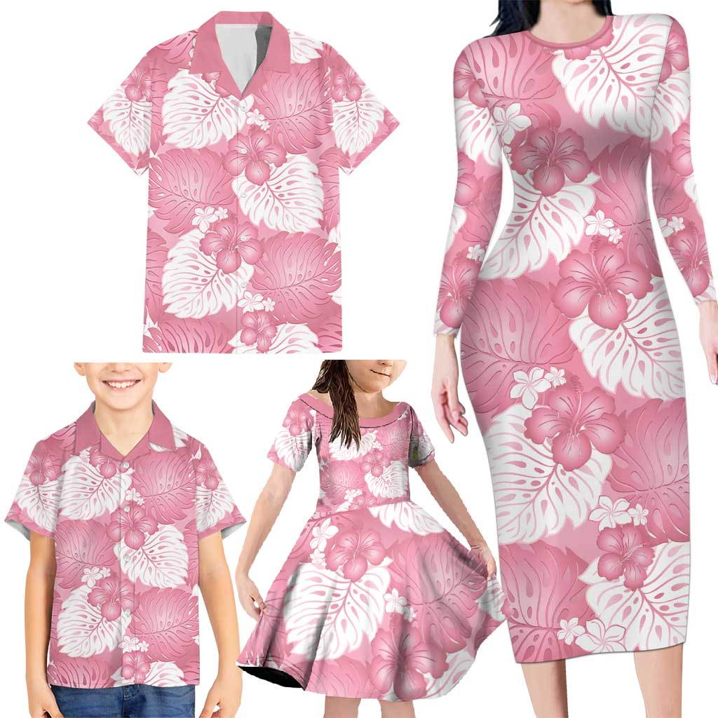 Pink Aloha Hawaii Family Matching Long Sleeve Bodycon Dress and Hawaiian Shirt Monstera Hibiscus Plumeria Seamless Vibes - Polynesian Pride