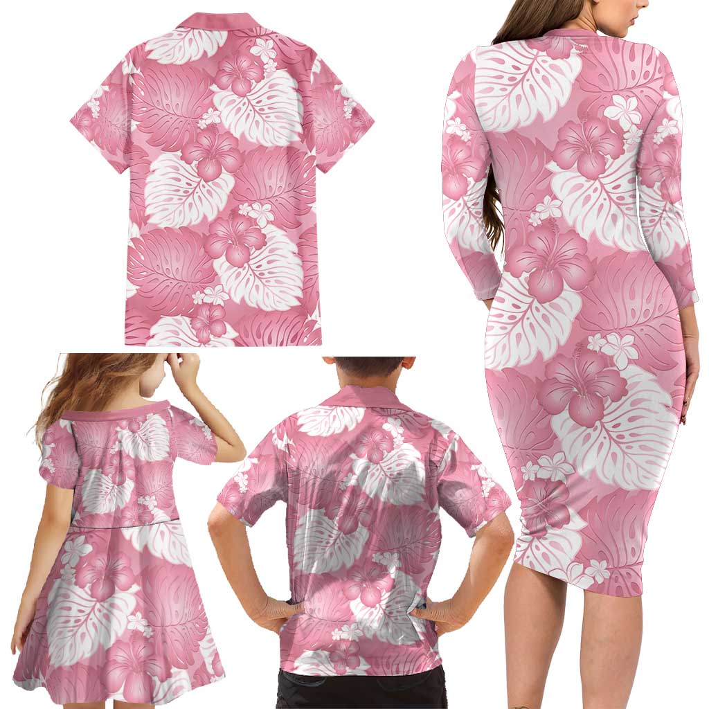Pink Aloha Hawaii Family Matching Long Sleeve Bodycon Dress and Hawaiian Shirt Monstera Hibiscus Plumeria Seamless Vibes - Polynesian Pride
