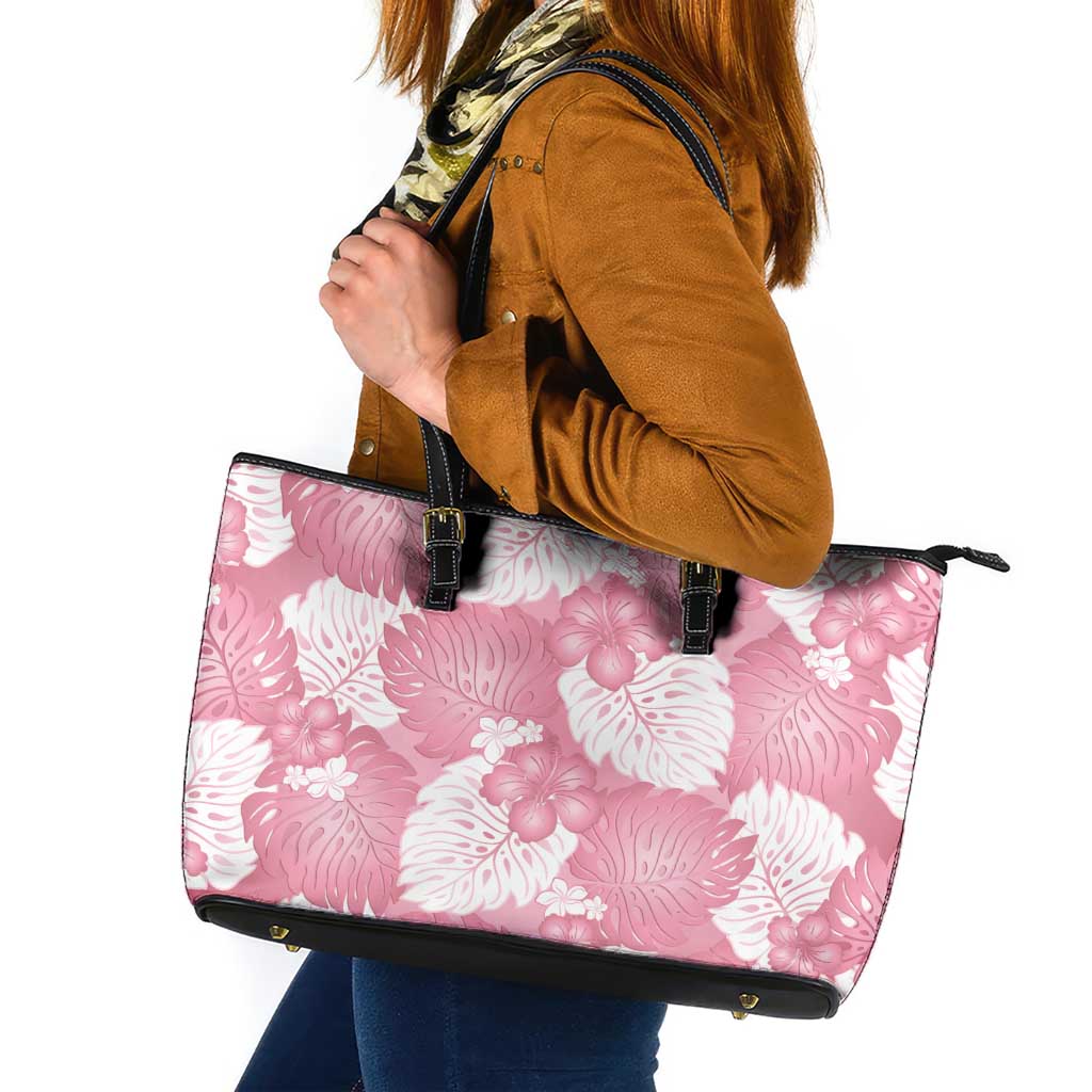 Pink Aloha Hawaii Leather Tote Bag Monstera Hibiscus Plumeria Seamless Vibes LT14 Pink - Polynesian Pride