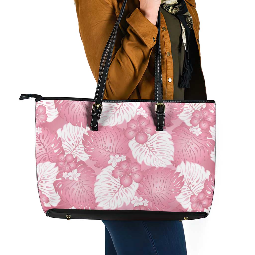 Pink Aloha Hawaii Leather Tote Bag Monstera Hibiscus Plumeria Seamless Vibes LT14 - Polynesian Pride