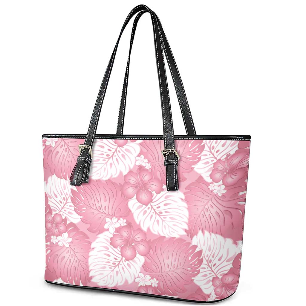 Pink Aloha Hawaii Leather Tote Bag Monstera Hibiscus Plumeria Seamless Vibes LT14 - Polynesian Pride