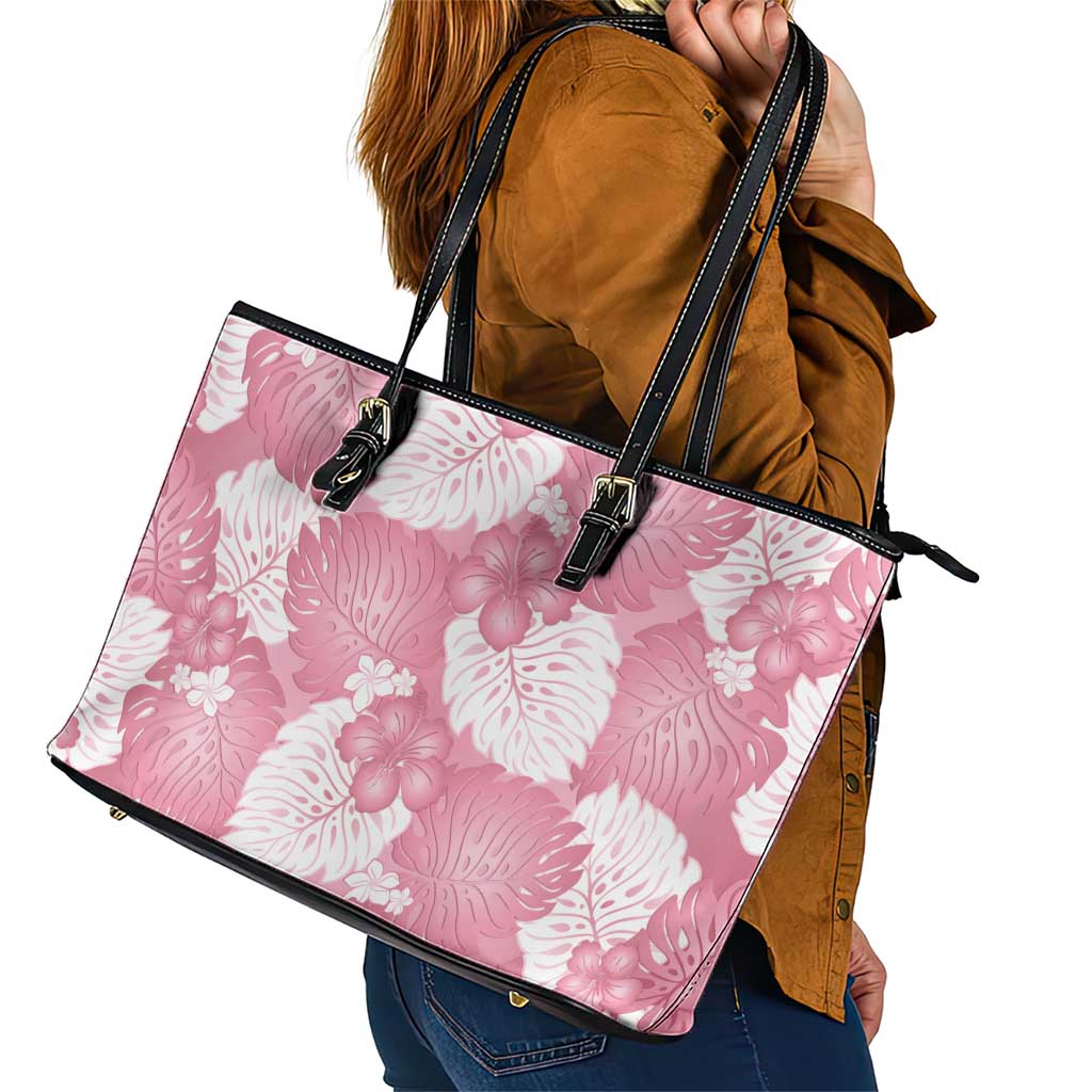 Pink Aloha Hawaii Leather Tote Bag Monstera Hibiscus Plumeria Seamless Vibes LT14 - Polynesian Pride