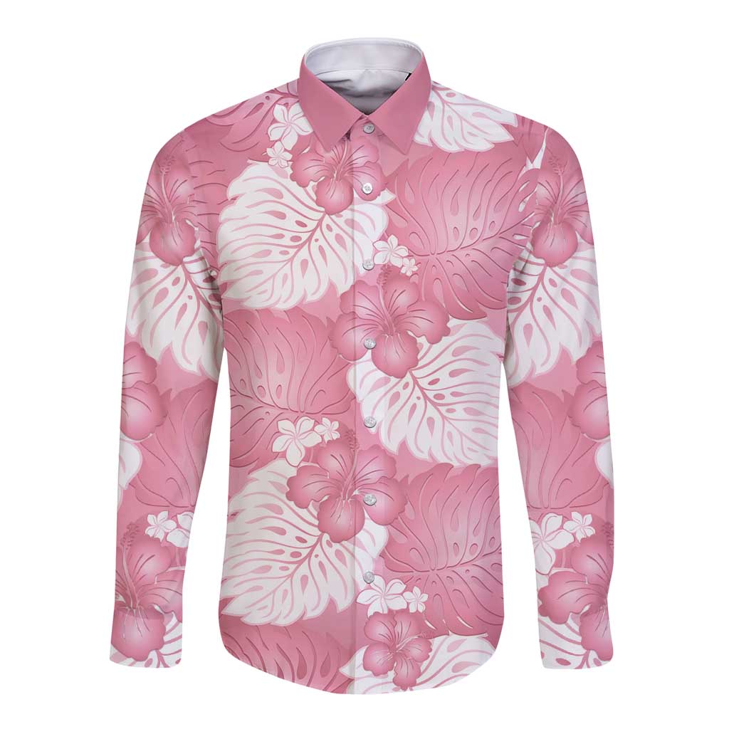Pink Aloha Hawaii Long Sleeve Button Shirt Monstera Hibiscus Plumeria Seamless Vibes LT14 Unisex Pink - Polynesian Pride