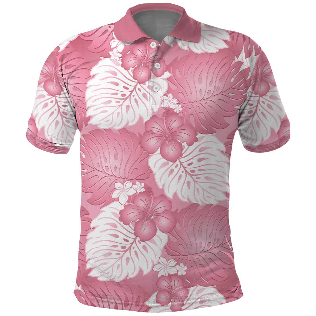 Pink Aloha Hawaii Polo Shirt Monstera Hibiscus Plumeria Seamless Vibes - Polynesian Pride