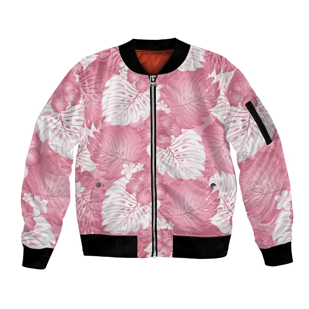 Pink Aloha Hawaii Sleeve Zip Bomber Jacket Monstera Hibiscus Plumeria Seamless Vibes LT14 Unisex Pink - Polynesian Pride