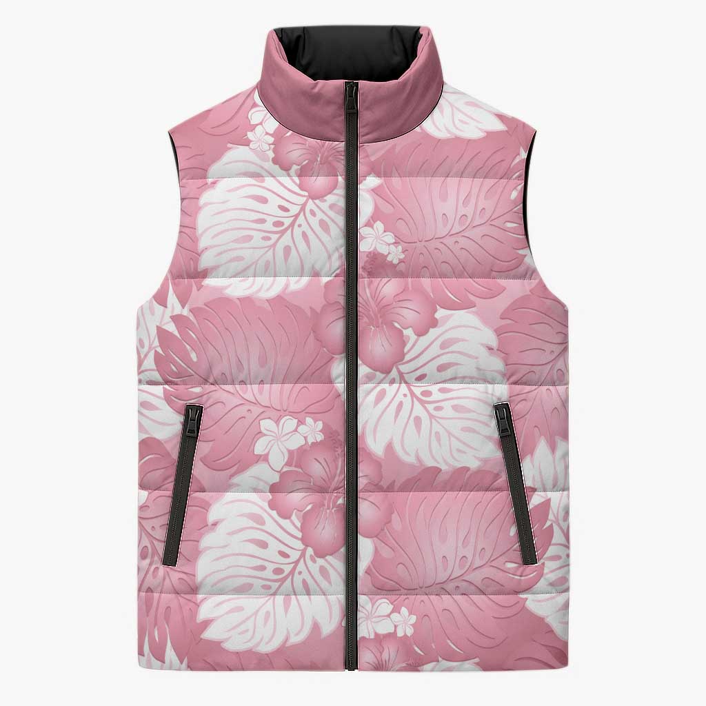 Pink Aloha Hawaii Sleeveless Puffer Jacket Monstera Hibiscus Plumeria Seamless Vibes LT14 Unisex Pink - Polynesian Pride